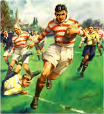 Rugby: a player runs with the oval ball while opponents try to tackle him.