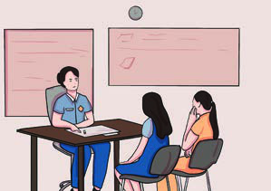 At the office, she reports what she found to her teacher.