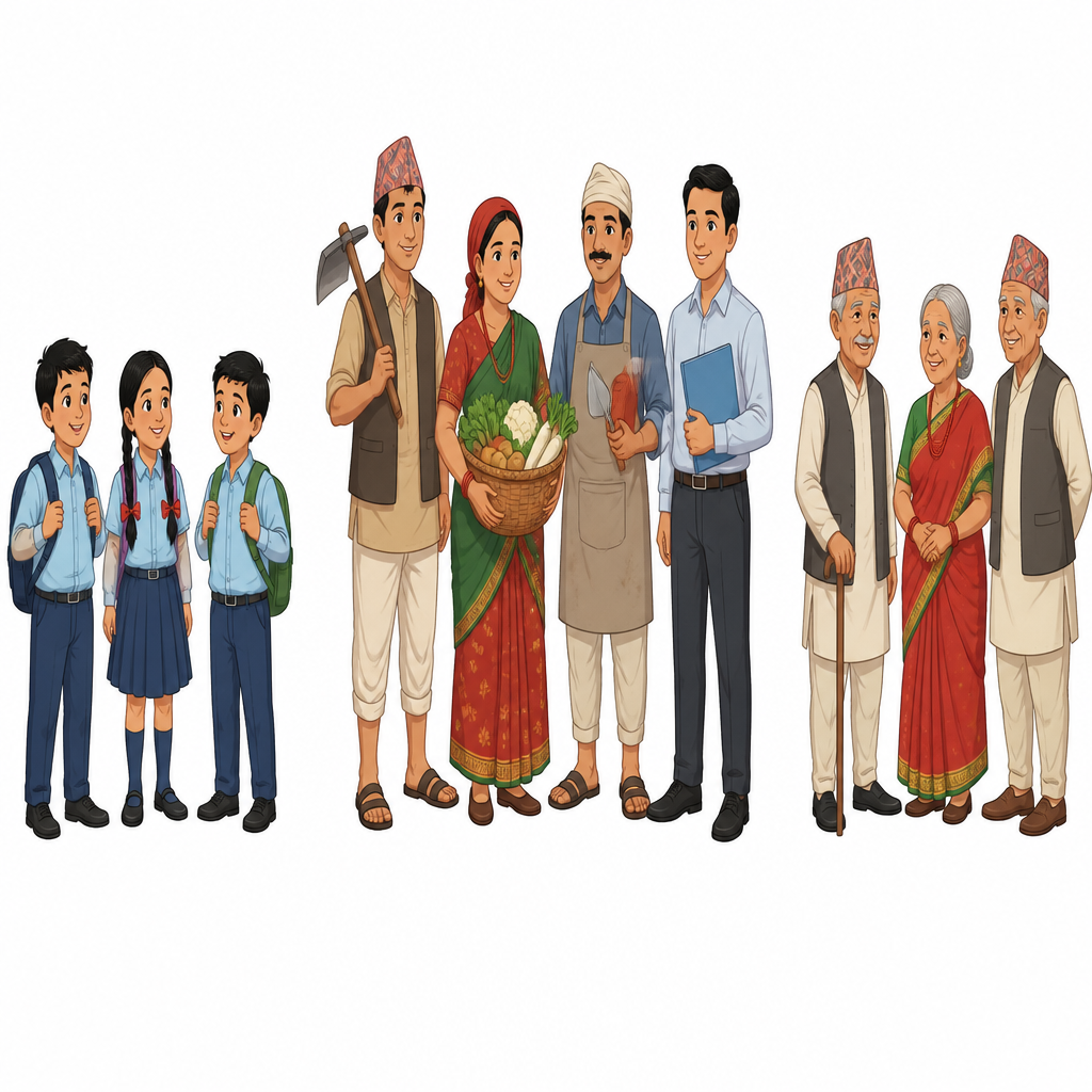बीचमा काम गर्ने उमेरका मानिस सक्रिय जनसङ्ख्या हुन् भने दुवैतिरका बालबालिका र ज्येष्ठ नागरिक आश्रित जनसङ्ख्या हुन् ।