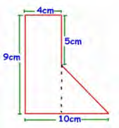A shape made from a rectangle joined to a right angled triangle, with outside measurements of 9 cm, 4 cm, 5 cm and 10 cm.