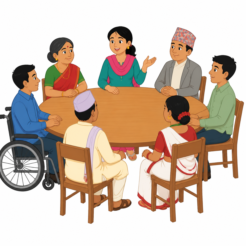 निर्णय गर्ने ठाउँमा महिला, दलित, जनजाति र अपाङ्गता भएका व्यक्ति सबै बसेका छन् भन्ने देखिनु समावेशीकरण व्यवहारमा कस्तो हुन्छ भन्ने बुझाउँछ।
