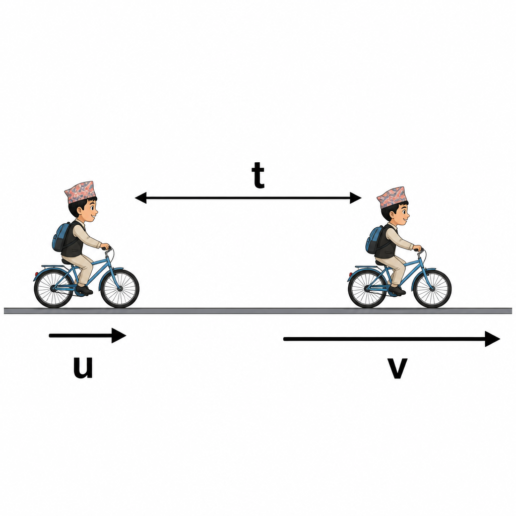 The same cyclist has a small starting velocity u and a larger final velocity v after time t, and the difference between the two arrows is the change of velocity.