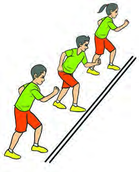 Students running on the track: one is ahead at the start, but the runner behind soon overtakes him.