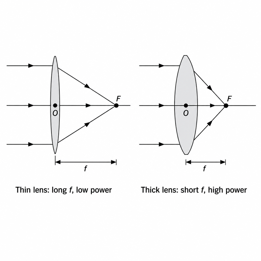 The thick convex lens bends the same parallel rays more sharply, so its focus F sits closer to O: a shorter focal length and a greater power.
