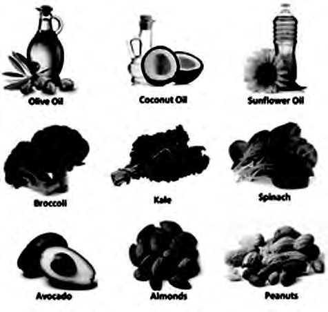 Olive, coconut and sunflower oil, green vegetables such as broccoli, kale and spinach, avocado, almonds and peanuts all supply vitamin E.