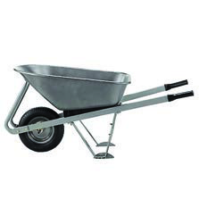 A wheelbarrow: listen for where it is used and what parts it has.