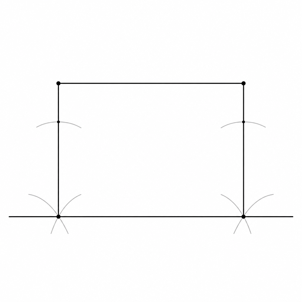 The base line, the two 90 degree angles raised at its ends and the 3 cm arcs are what fix the position of the last two vertices.