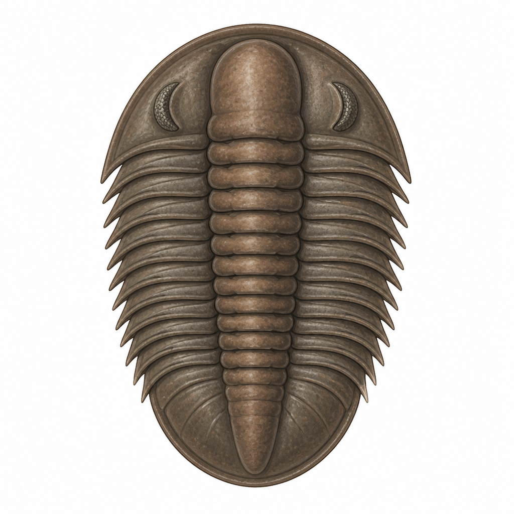 A trilobite, the invertebrate animal this era is known by, with a body divided lengthwise into three parts.
