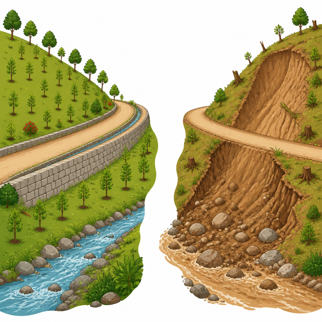 A hill road cut with a retaining wall, a drain and planting on the slope, beside the same kind of cut made without any of them