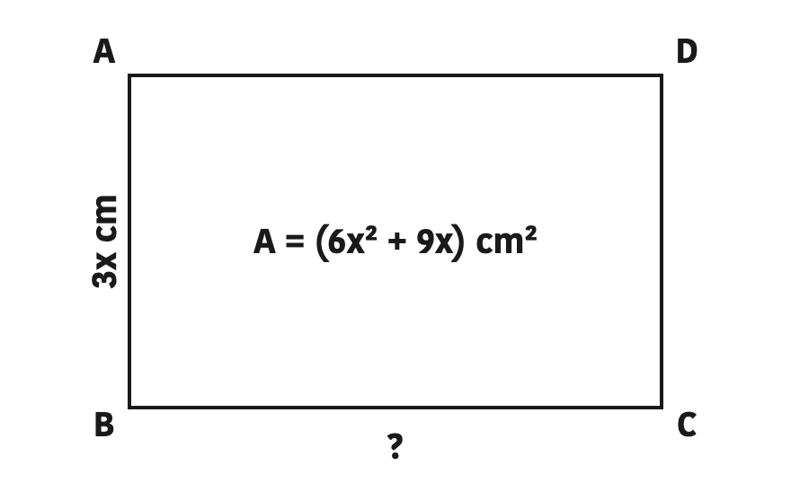A rectangle showing that the missing side is still found by division even when the area is a two term expression.