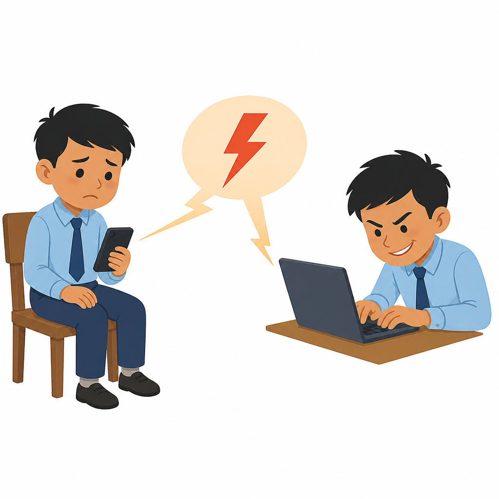 मोबाइल र इन्टरनेटबाट अर्कालाई दुःख दिने काम कस्तो हुन्छ भन्ने देखाउने चित्र ।