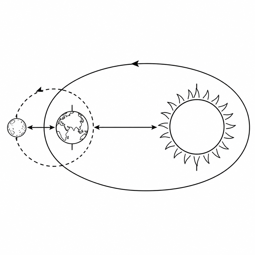 The Sun and the Earth pull each other, and the Earth and the Moon pull each other, each towards its own centre, while the Earth circles the Sun and the Moon circles the Earth.