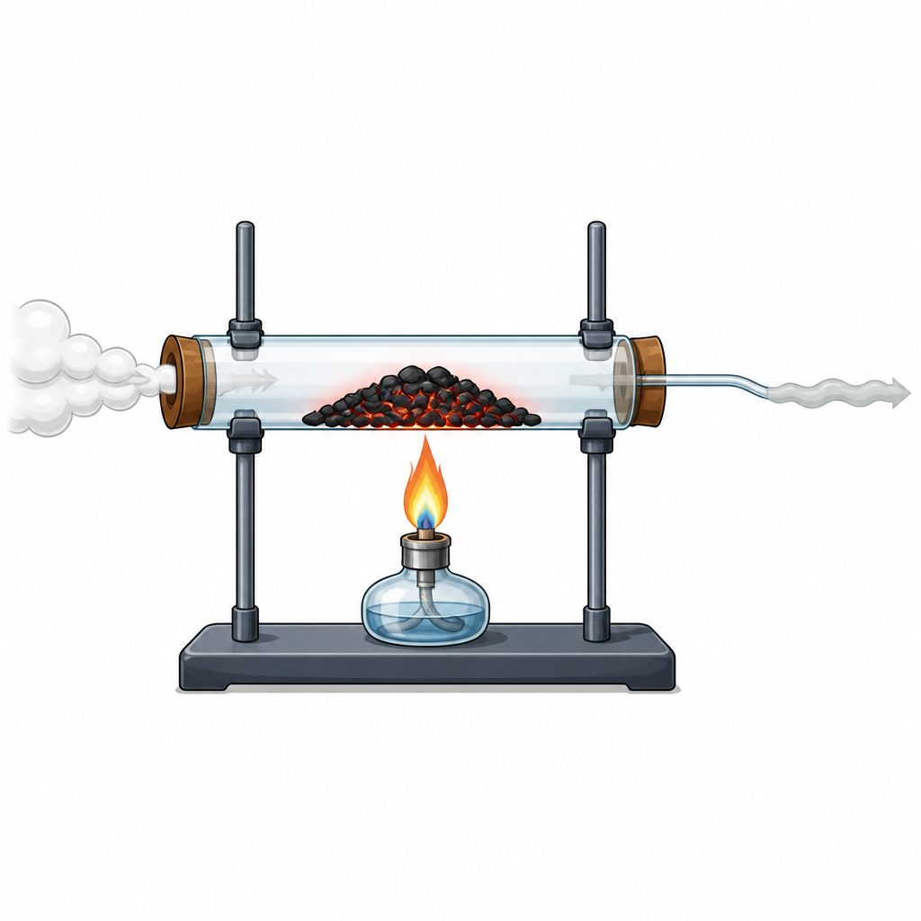 When steam is passed over carbon heated red hot, water gas comes out at the other end. Steam goes in, and the mixture of gases comes out.