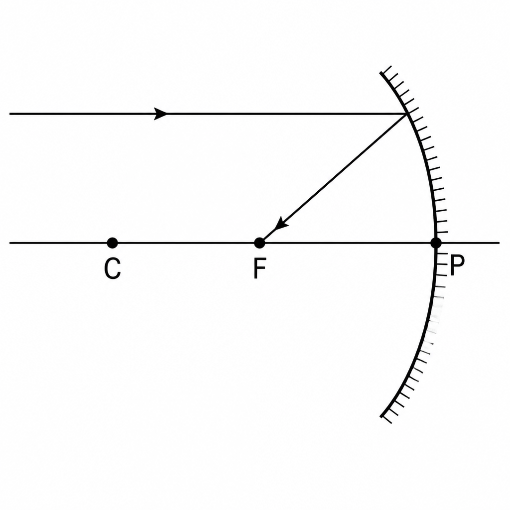 The first rule: a ray arriving parallel to the principal axis is reflected through F.