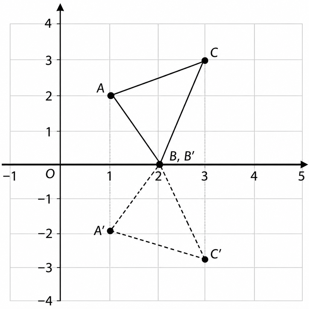 Each vertex drops to the same vertical line below the X-axis, which is what shows that only the second coordinate has changed sign.