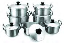 Aluminium pots: aluminium is light and passes heat quickly to the food.