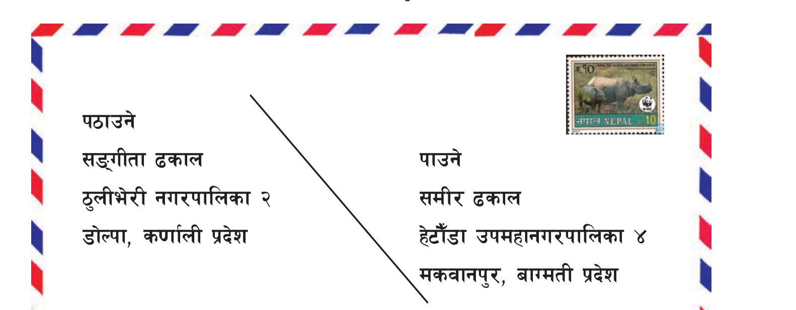 खाममा पठाउनेको ठेगाना देब्रे माथि र पाउनेको ठेगाना दाहिने तल कसरी बस्छ भन्ने नमुना ।