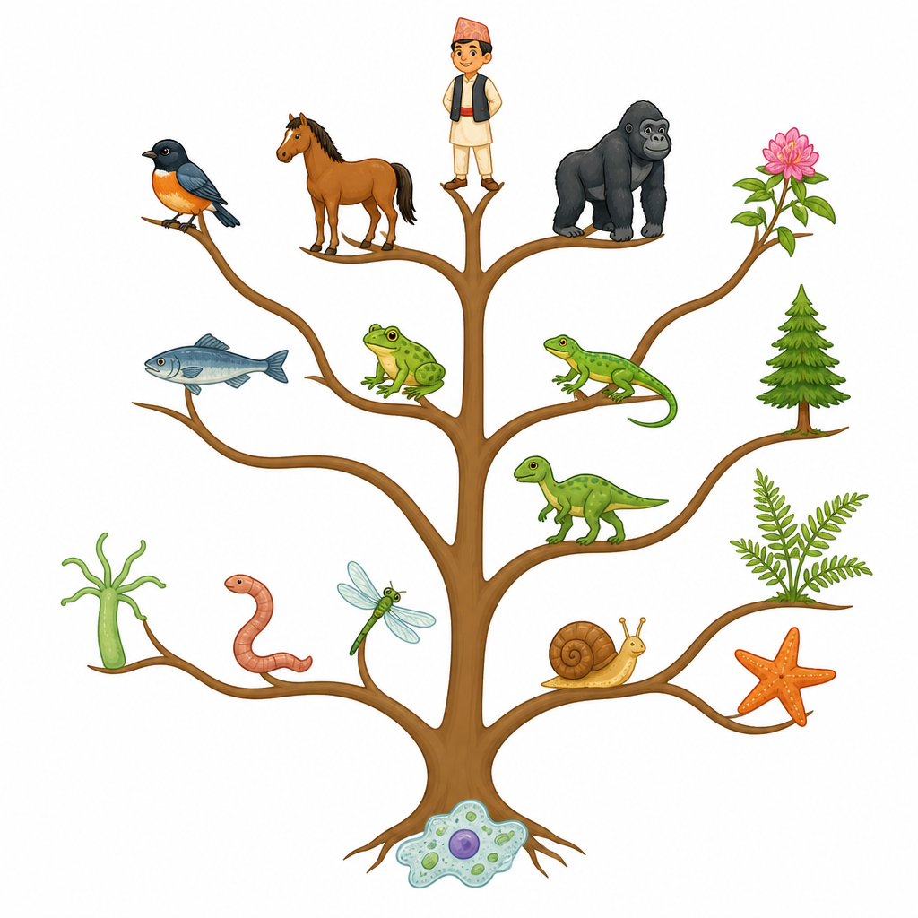 A model of the evolution of living things: simple organisms sit at the base, and progressively complex animals and plants sit on the branches.