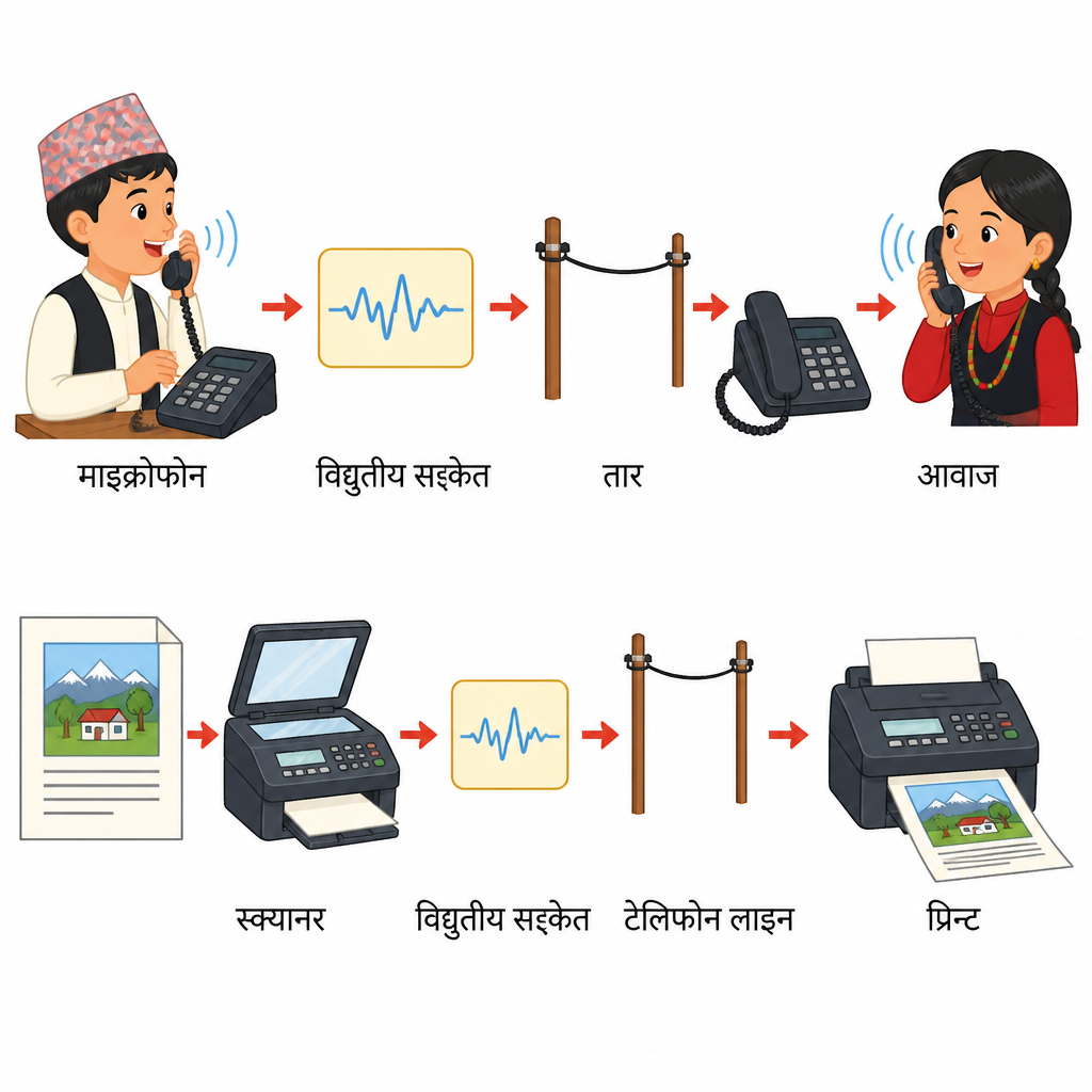 In a telephone, sound becomes an electrical signal and then sound again. In a fax, a picture on paper becomes an electrical signal and is then printed again.