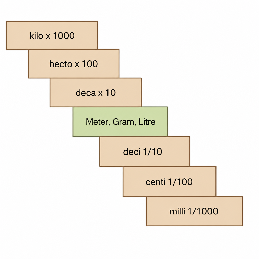 The prefixes stand like steps of a staircase: climbing up from metre, gram and litre multiplies by 10 at every step, and coming down divides by 10.
