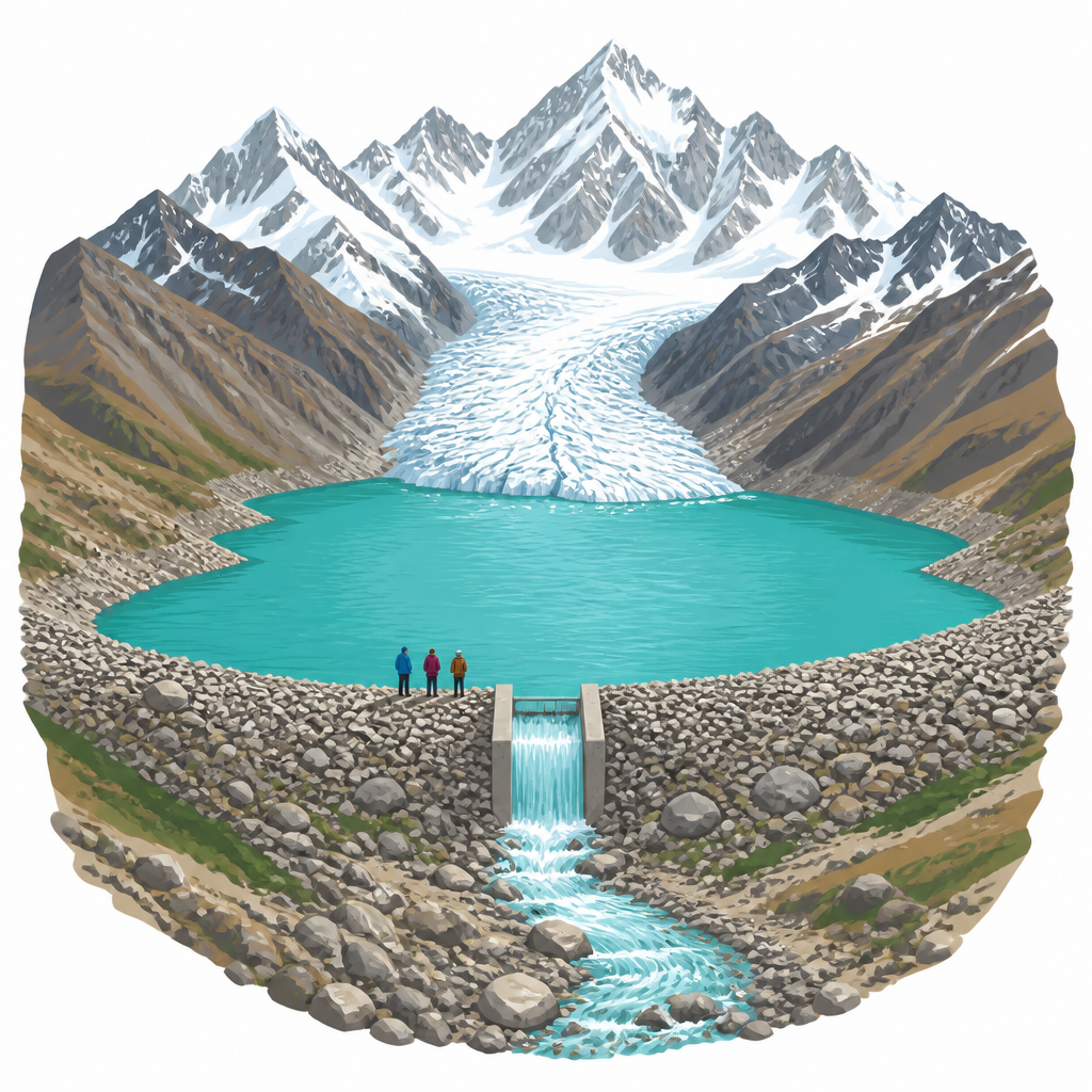 When a glacial lake's water is let out in a controlled way through a dam and a drain, the level of the lake falls and the danger of a burst drops with it.