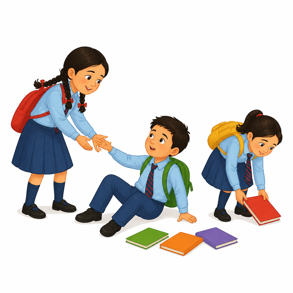 लडेको साथीलाई उठाउने र झोला बोकिदिने काम कक्षाभित्रै गर्न सकिने सत्कार्य हो ।
