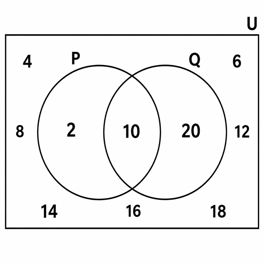 The shared member 10 sits in the middle region, and the numbers belonging to neither set stay inside the rectangle but outside both circles.