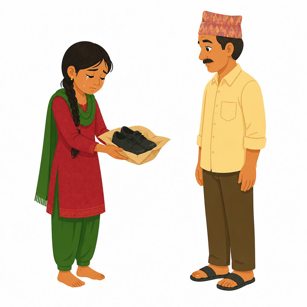 मन नभई फिर्ता गरिएको जुत्ता र आँखाभरिको आँसु सँगै देखिनुपर्छ, किनभने गुलाफीको मुखले भनेको कारण र मनको कारण फरक छन् ।