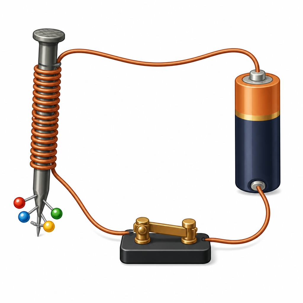 How the coil on the iron nail, the switch and the cell are joined together