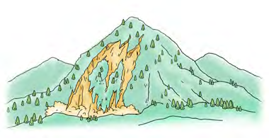 The same hill now. The trees are fewer and a landslide has torn open its side.