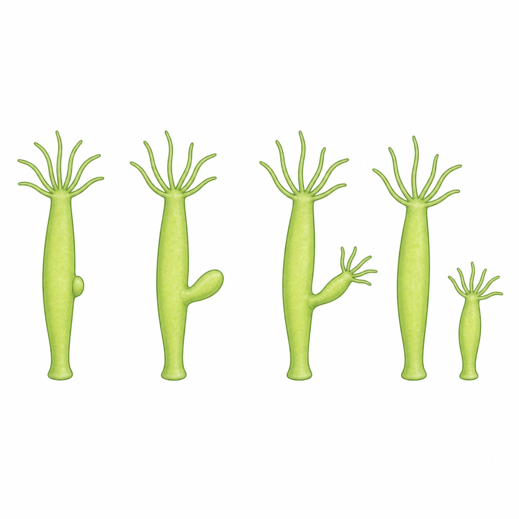 The bud starts as a small swelling, grows tentacles of its own, and finally separates from the parent as a complete hydra.