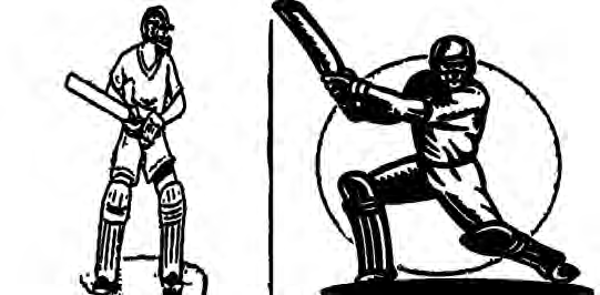 Left: a batsman standing ready, watching the ball. Right: a batsman leaning into a powerful drive.