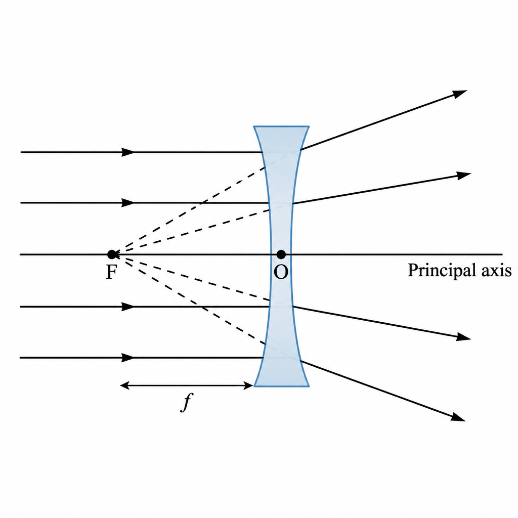 Rays leaving a concave lens appear to spread out from the principal focus F on the side the light came from.