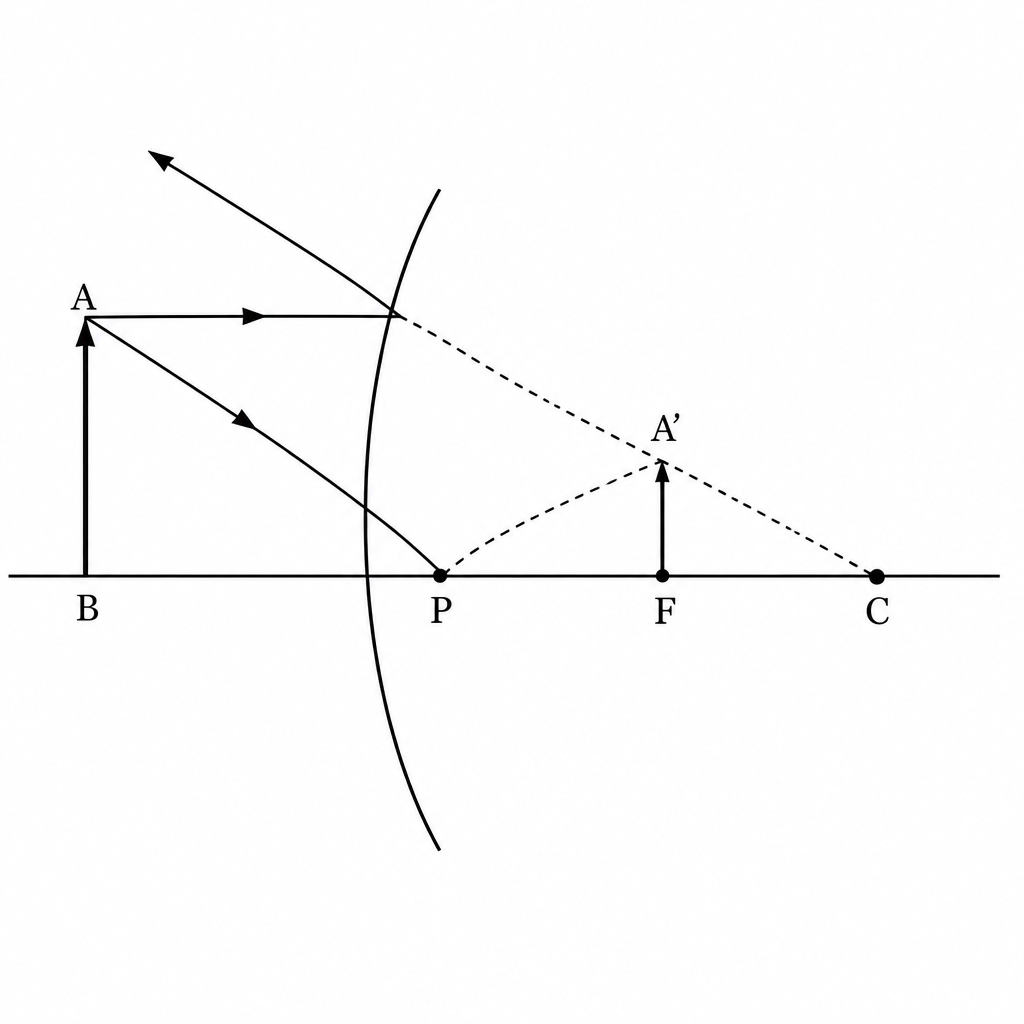 An object in front of a convex mirror gives a small erect image between P and F behind it.