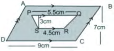 Parallelogram ABCD with the trapezium PQRS left blank inside it, so that only the shaded ring around it is to be found.