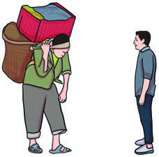 A porter carrying a heavy load: How much does it weigh? It's twenty kilos.