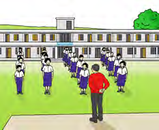 Students standing in straight, quiet lines at the morning assembly.