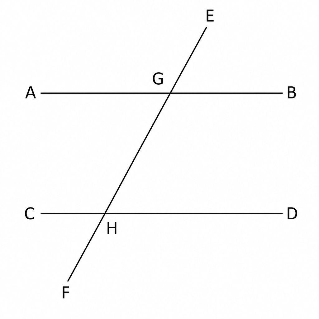 The eight angles made when the transversal EF cuts line AB at G and line CD at H. Every named pair of angles is read off this figure.
