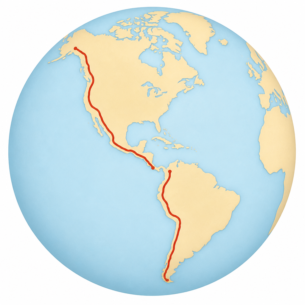 The red line marks the Pan-American Highway running the length of the Americas. Note the break in the line where Central America meets South America.