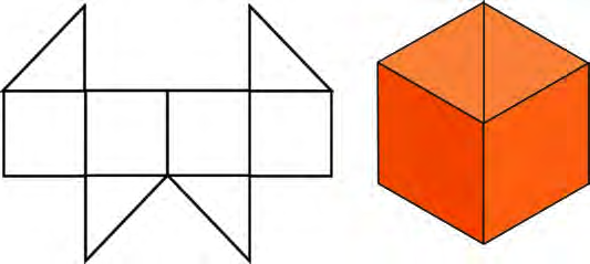 A net with a different arrangement of squares, and the cube it folds into.