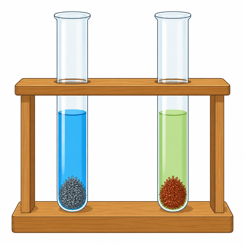 The copper sulphate solution is blue to begin with, and after the iron filings are added it turns green while a reddish brown layer of copper settles on the filings.