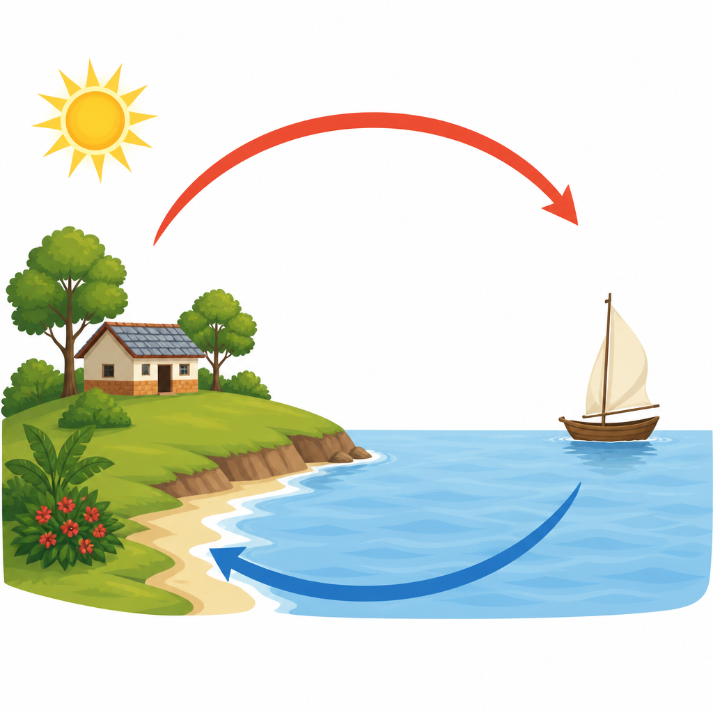 By day the land is warmer than the sea, so warm air rises over the land and cool air moves in from the sea.