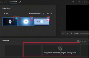 All three clips ticked in the project library, ready to be dragged into the storyboard below.