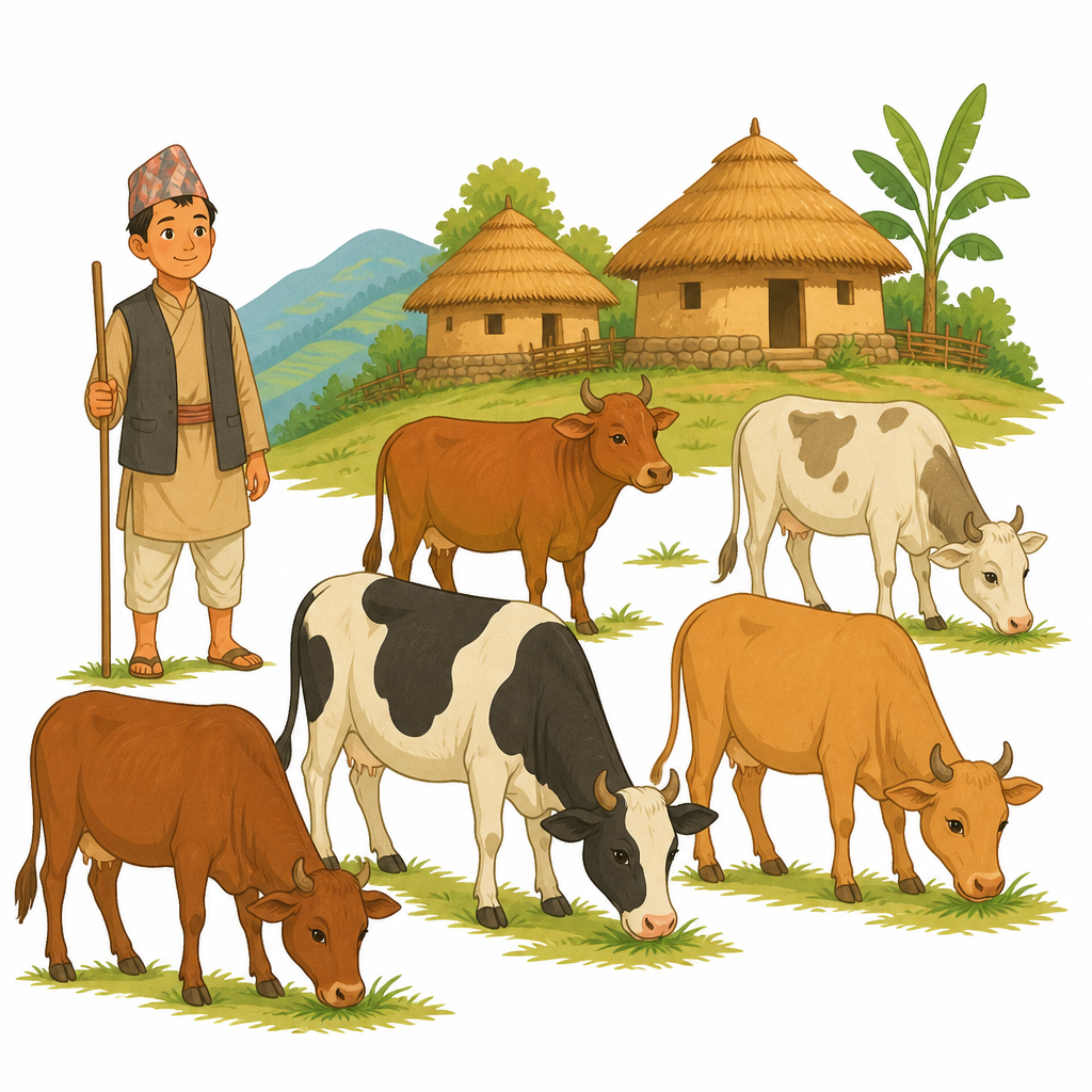 गाई चराउनु र गाईवस्तुको व्यापार गर्नु नै गोपालकालको मुख्य पेसा थियो भन्ने देखाउने चित्र।
