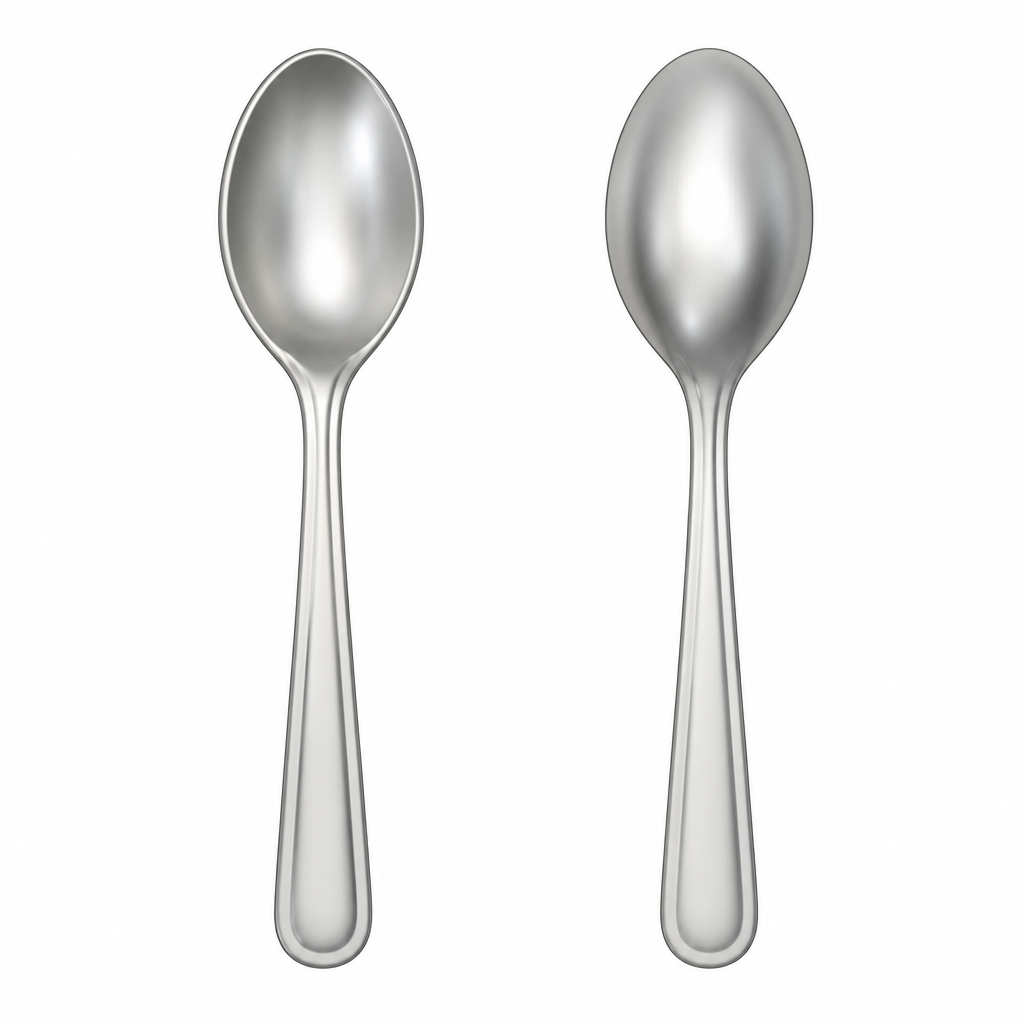 The eating side of a spoon is pressed inward and the back of the same spoon bulges outward.