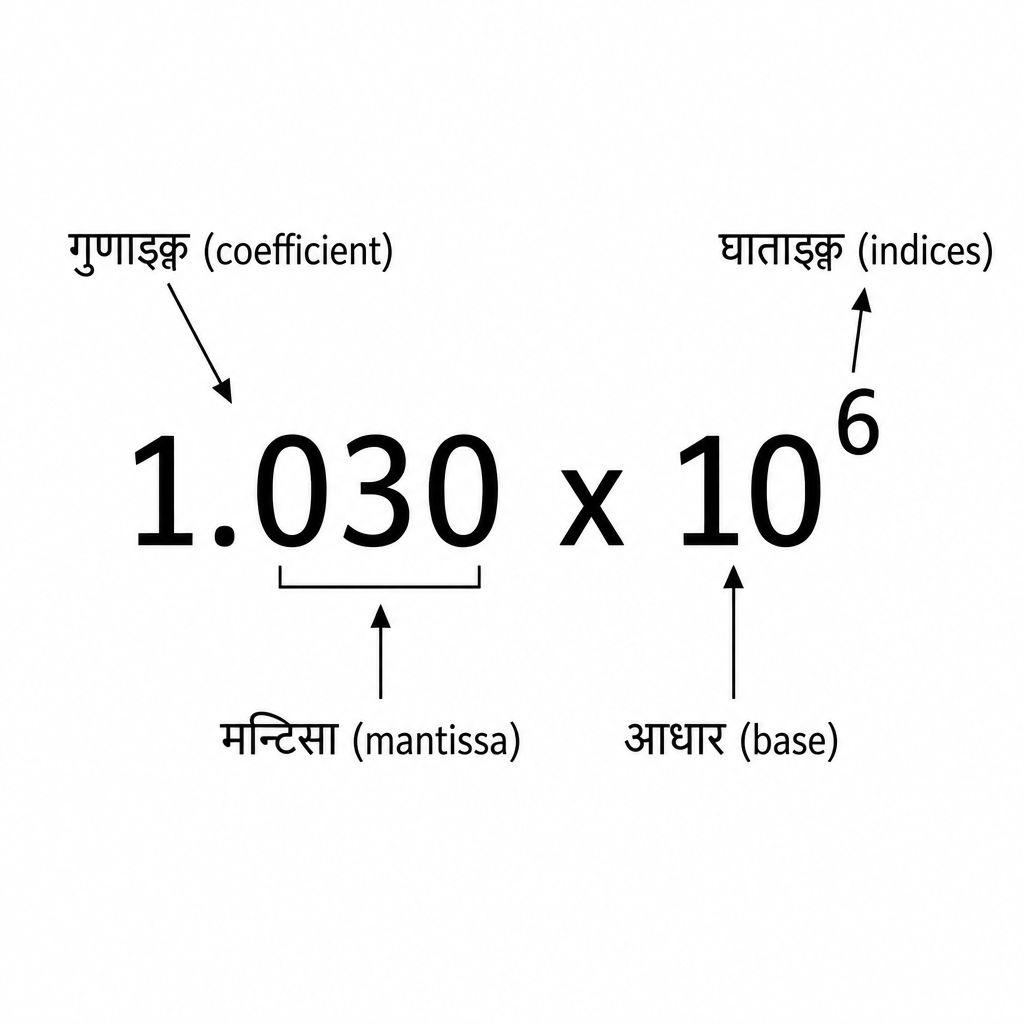 The coefficient, mantissa, base and index picked out inside the expression \( 1.030 \times 10^{6} \) m.