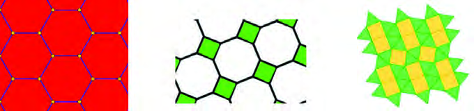 Three ready patterns to read and continue: hexagons alone, octagons with squares, and squares with triangles.