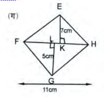 Quadrilateral EFGH with diagonal FH = 11 cm and the two perpendiculars EK = 7 cm and GL = 5 cm drawn onto it.