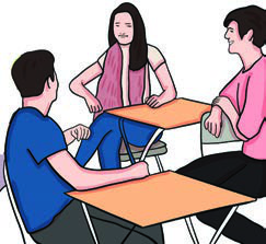 Three friends are talking, but one of them cannot remember a name. Predicting the situation from a picture prepares your ear for what you are about to hear.