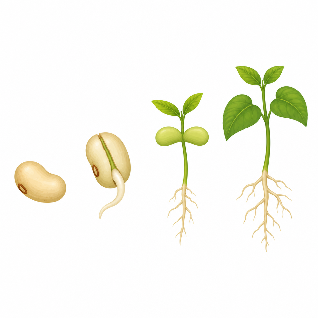 The stages from a dry seed to a young plant. The young plant with its root and first leaves showing is what is called the seedling.